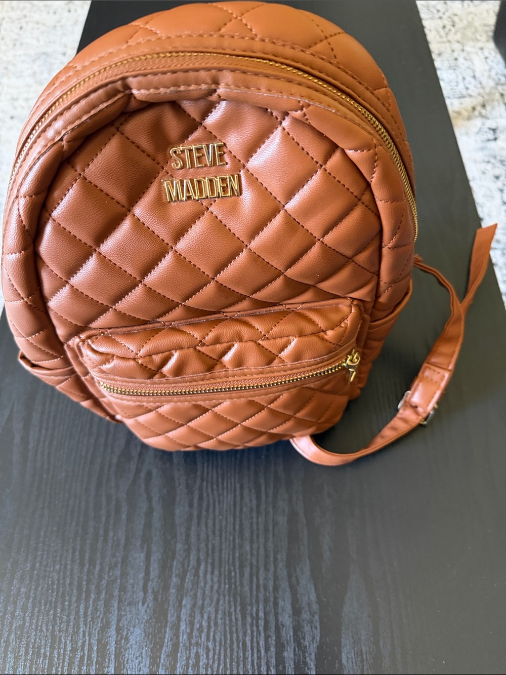 Steve Madden Quilted Cognac Mini Backpack with Gold Hardware